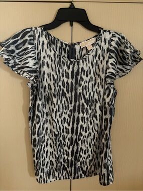 MICHAEL Michael Kors Black and White Leopard Print Ruffle Sleeve Blouse